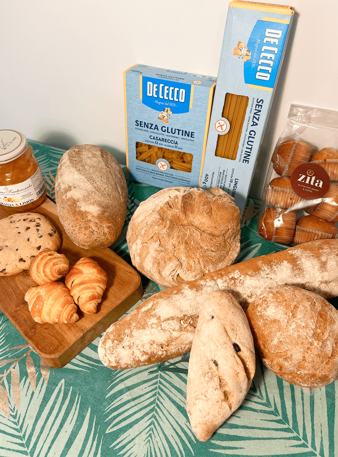 productos de horno sin gluten como panes y dulces, mermelada sin gluten y pastas italianas sin gluten